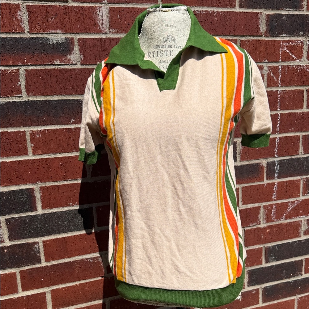 Vintage Striped Polo Shirt with Green Collar